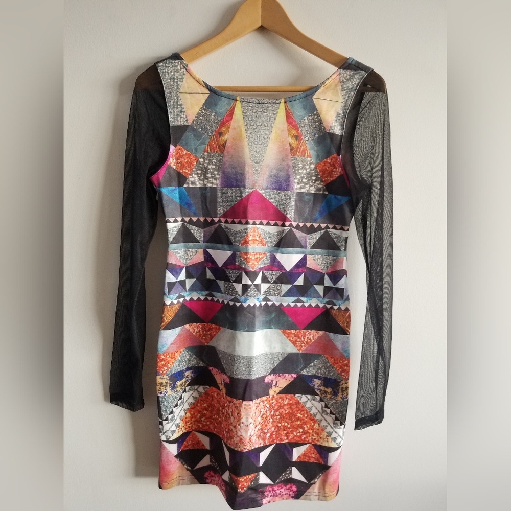 Colorful Print Mini Dress with Sheer Long Sleeves by Premonition - size Large 12